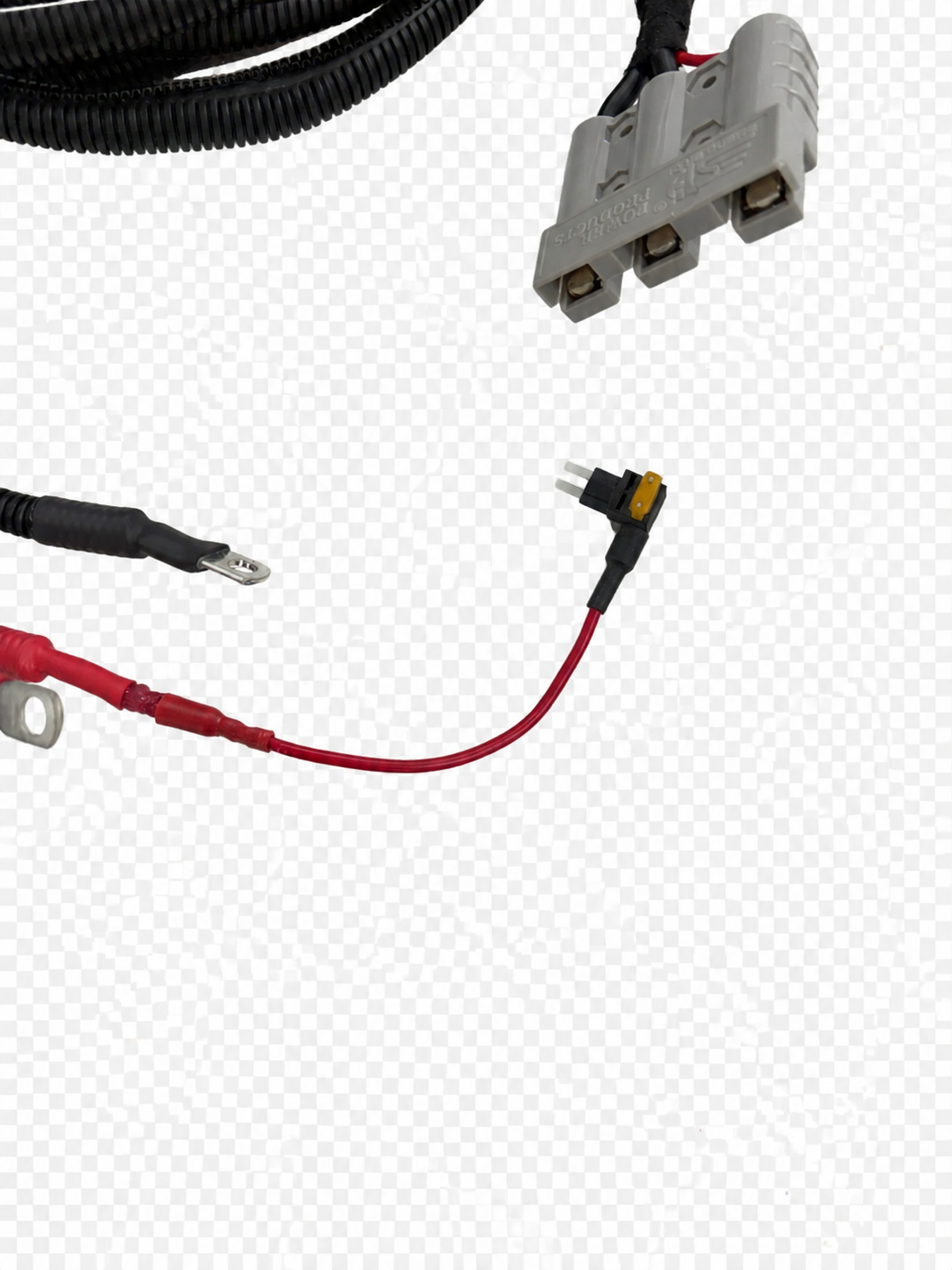 Anderson connector, fuse tap and battery-lug detail on vehicle-to-DC-DC charger supply loom