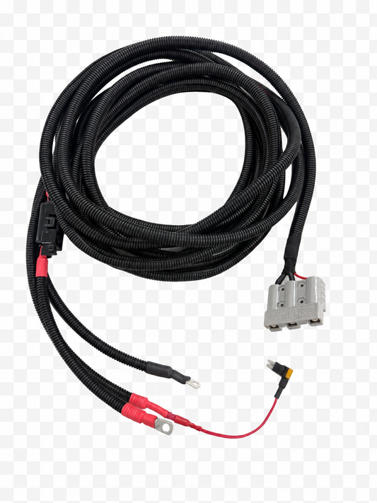 Australian-made vehicle-to-DC-DC charger supply loom with three-way Anderson connector, fuse tap and battery terminals