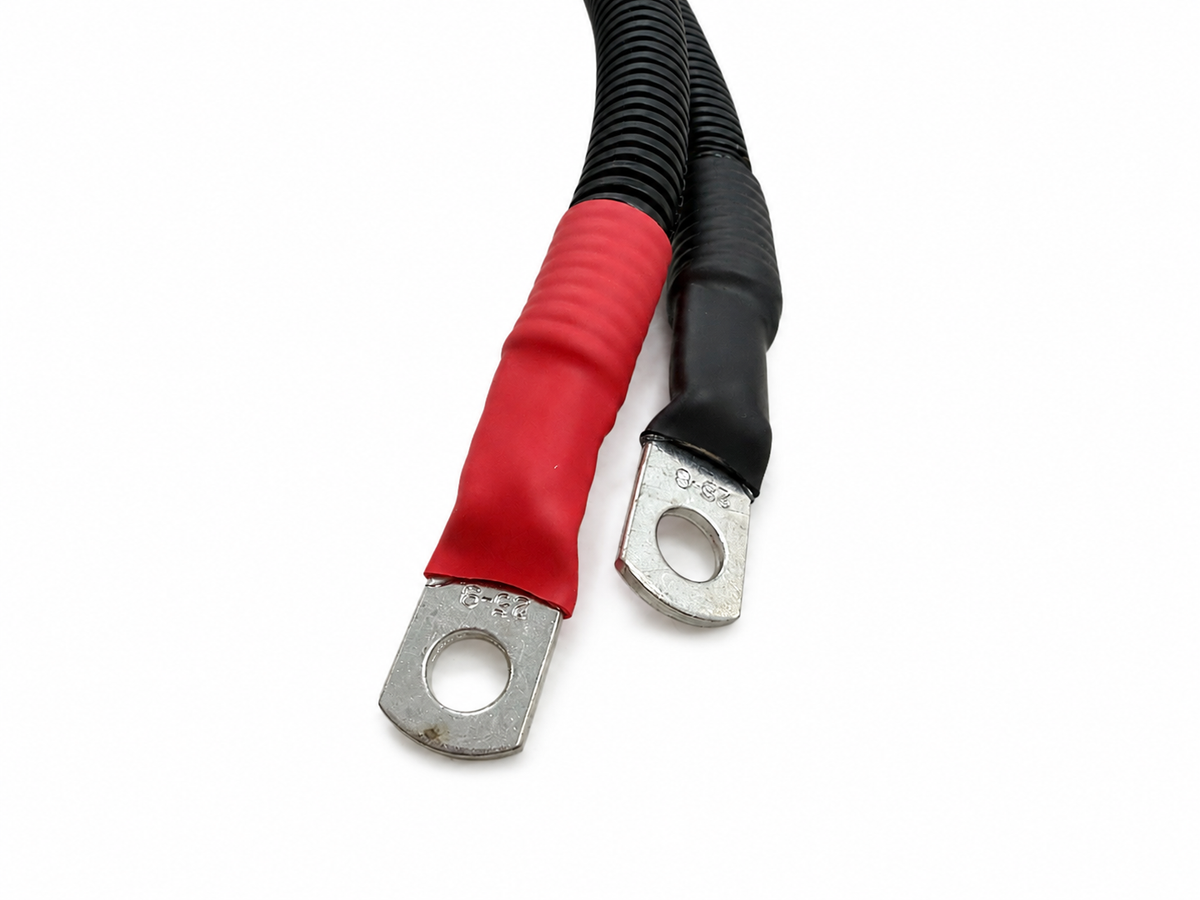 Red and black 25 square millimetre cable with M8 crimp lugs