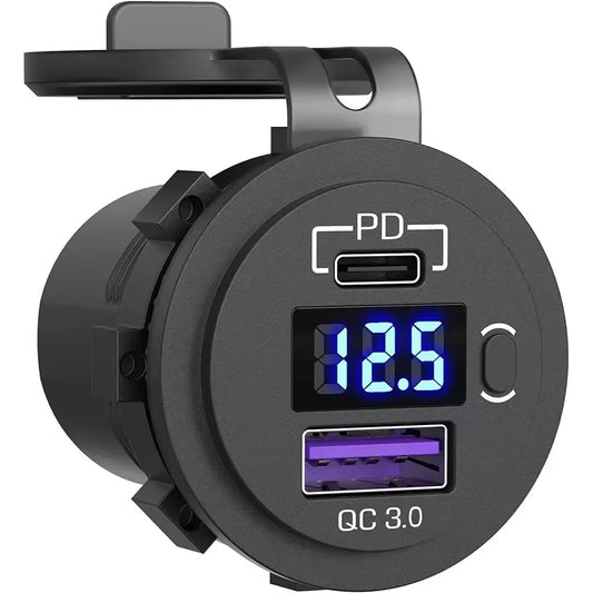 Panel-mount USB-C and USB-A charger with blue voltmeter