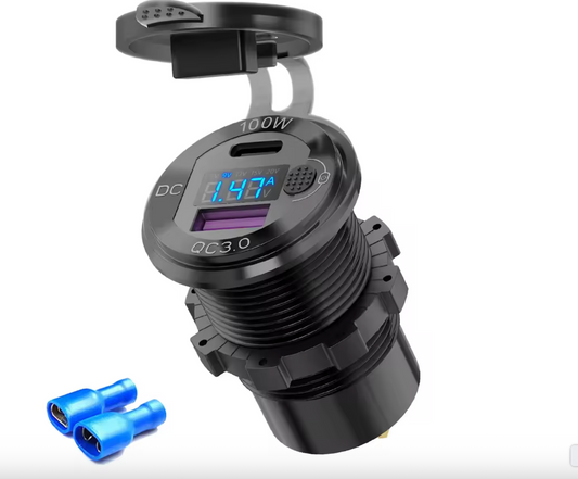 100W USB-C PD charger with blue voltmeter, USB-A QC3.0 port and protective cap