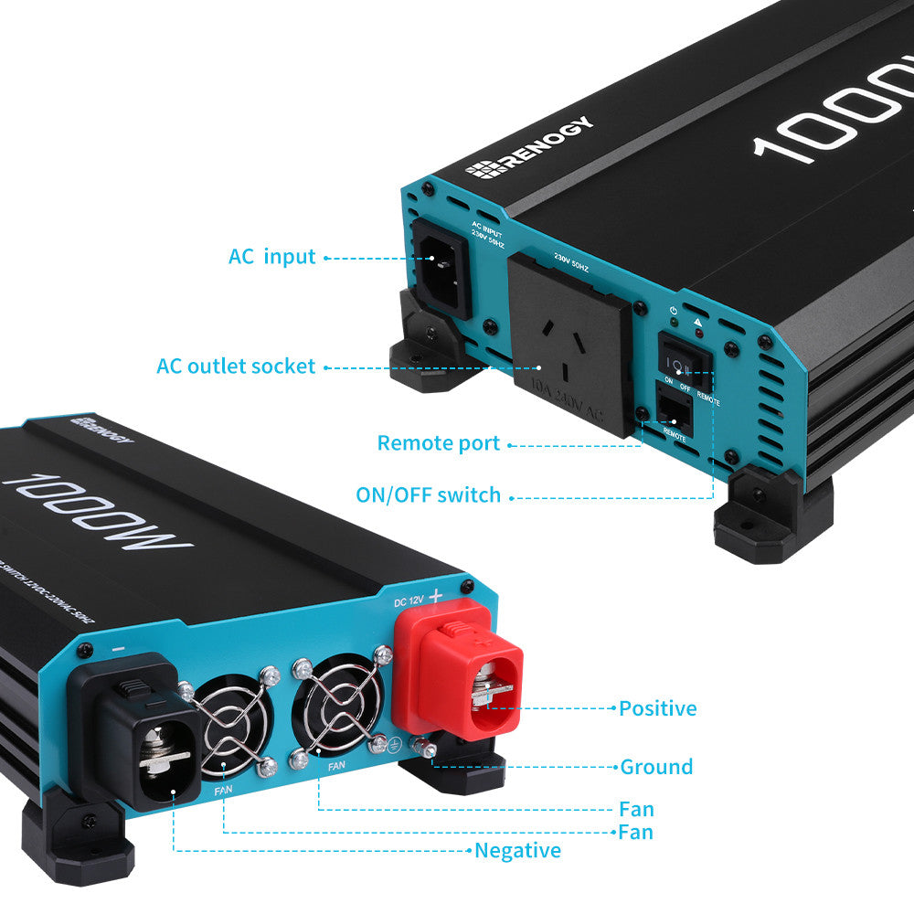 Renogy 1000W 12V to 230V 240V pure sine wave inverter alternate view