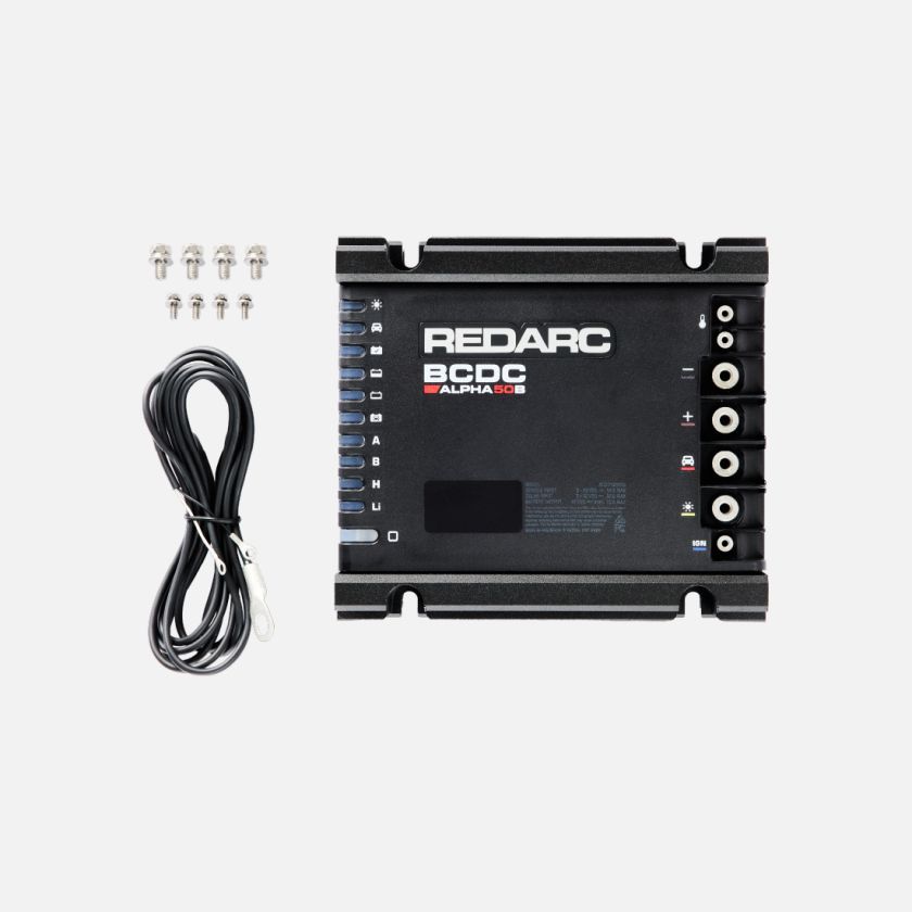 REDARC Alpha50 50A charger showing housing and connection layout