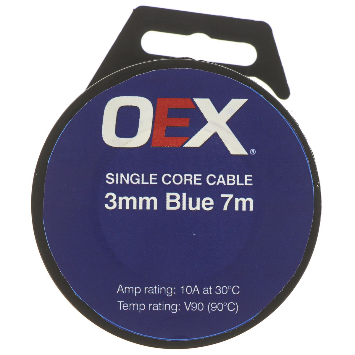 OEX 3mm blue single core cable roll showing 10A and V90 ratings