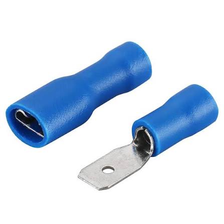 Blue vinyl insulated male and female blade crimp terminal pair