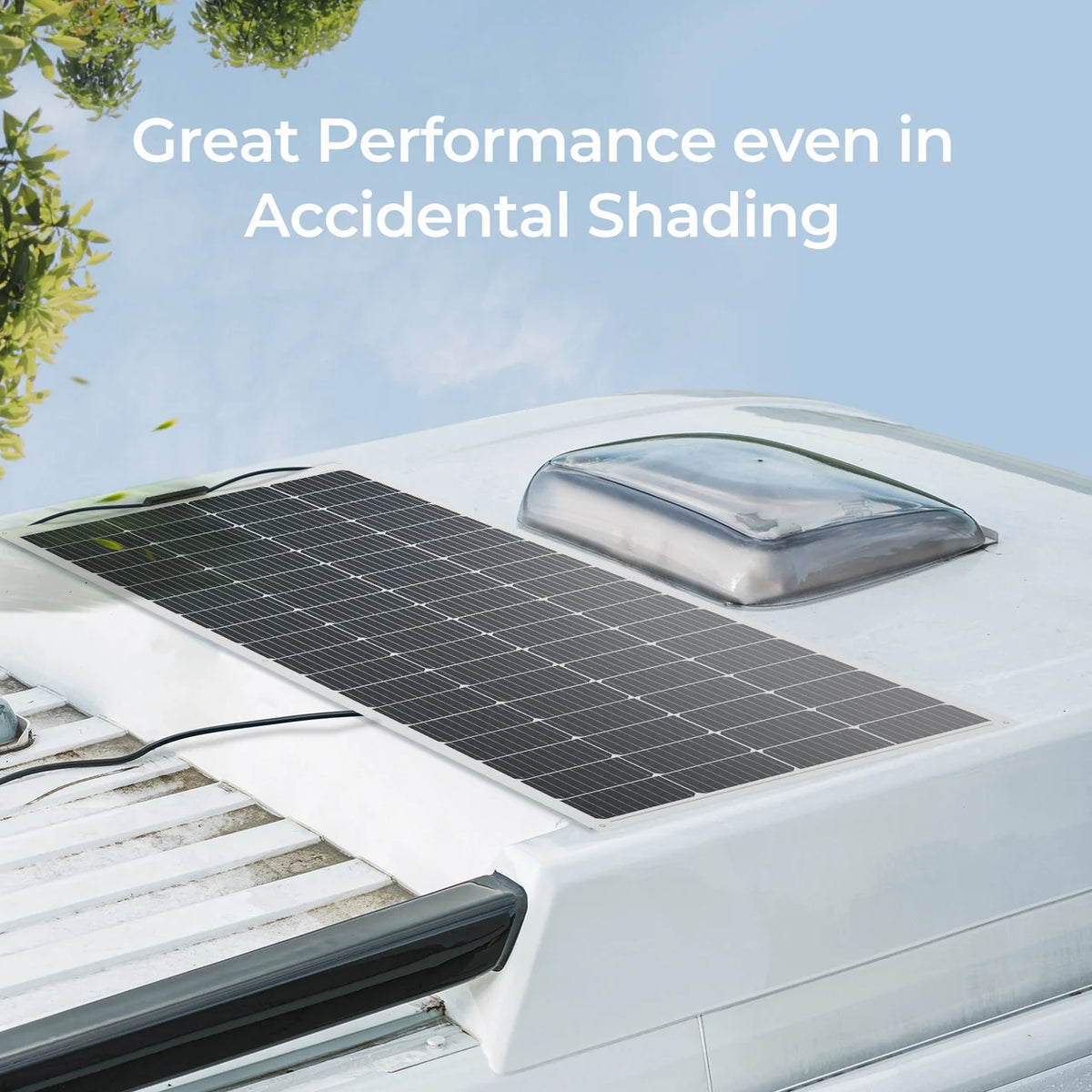 Renogy 200W flexible solar panel installed on caravan roof