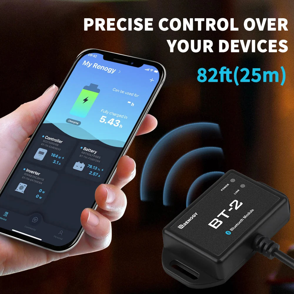 Renogy BT-2 Bluetooth monitoring range up to 25 metres