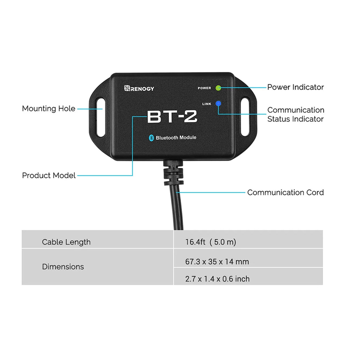 Renogy BT-2 indicators, dimensions and 5 metre cable