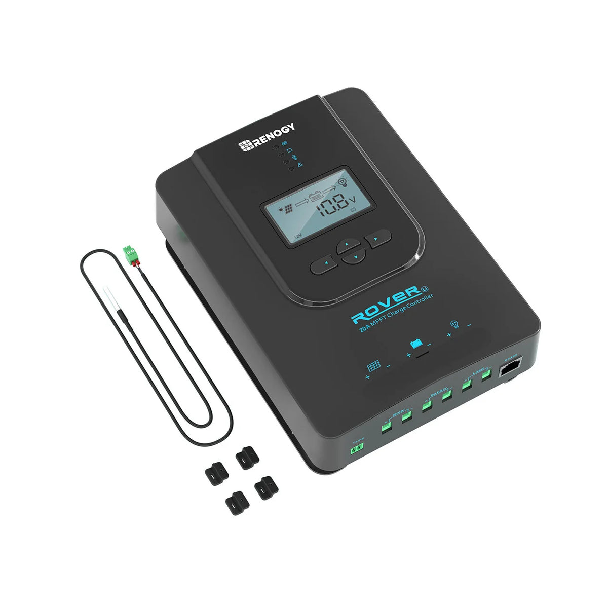 Renogy Rover Li 20A MPPT controller with temperature sensor and mounting brackets
