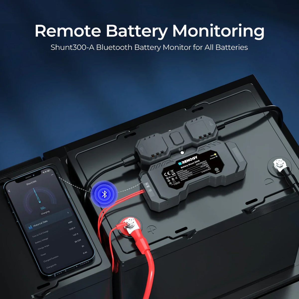 Renogy Battery Shunt 300 installed on battery