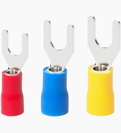 Red blue and yellow vinyl insulated fork crimp terminal range